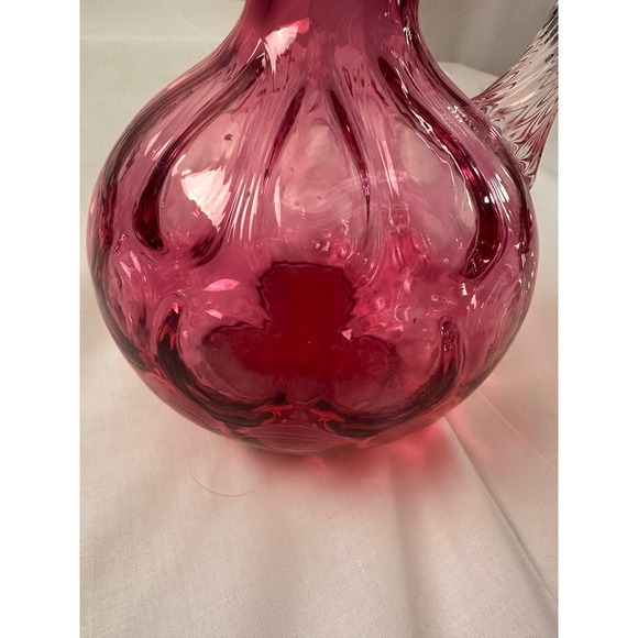 Fenton Cranberry Glass Pitcher Ruffled Rim Applied Reeded Handle Optic Rib Red - Picture 2 of 13
